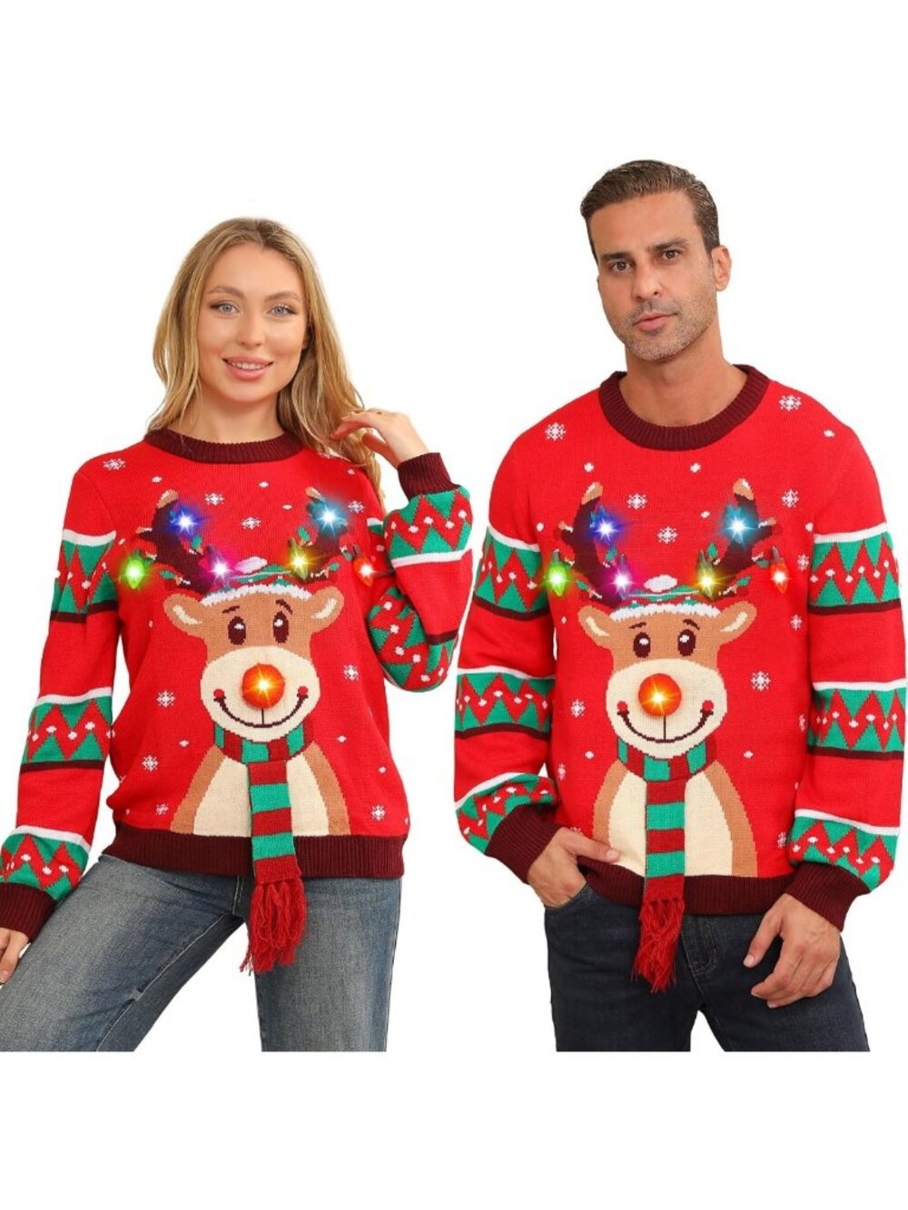 Light Up Ugly Christmas Sweater for Couples, Funny Reindeer LED Xmas Sweater